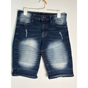 WT02 Mens Moto Biker Denim Shorts Distressed Blue Wash Size 30 RN 106663
